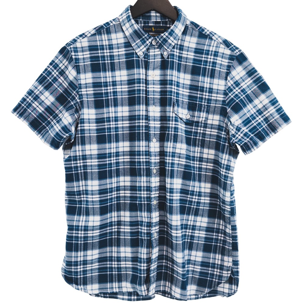 Ralph Lauren Indigo Oxford Plaid Shirt Mens Large Blue White Short Sleeve